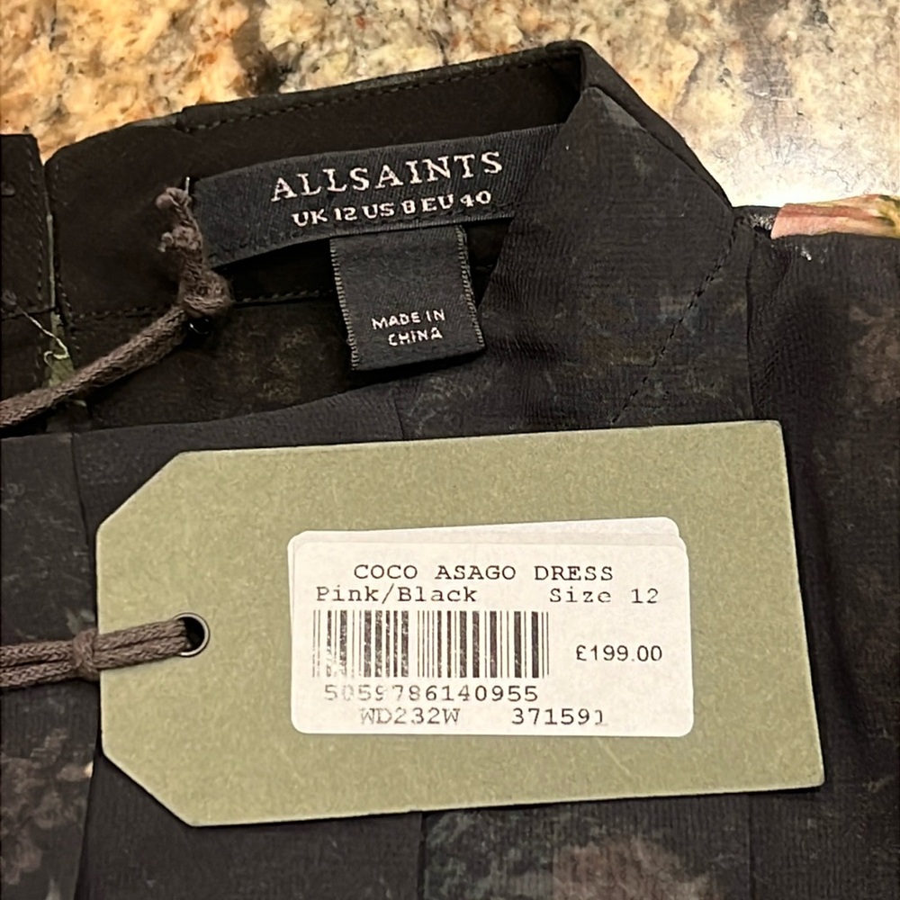RARE All Saints Coco Asago dress — black floral pleated midi asymmetric NWT - Picture 12 of 15